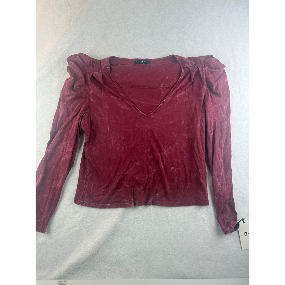 7 For All Mankind Maroon Puff Sleeve Top, V Neck, Long Sleeve, Casual, Blouse